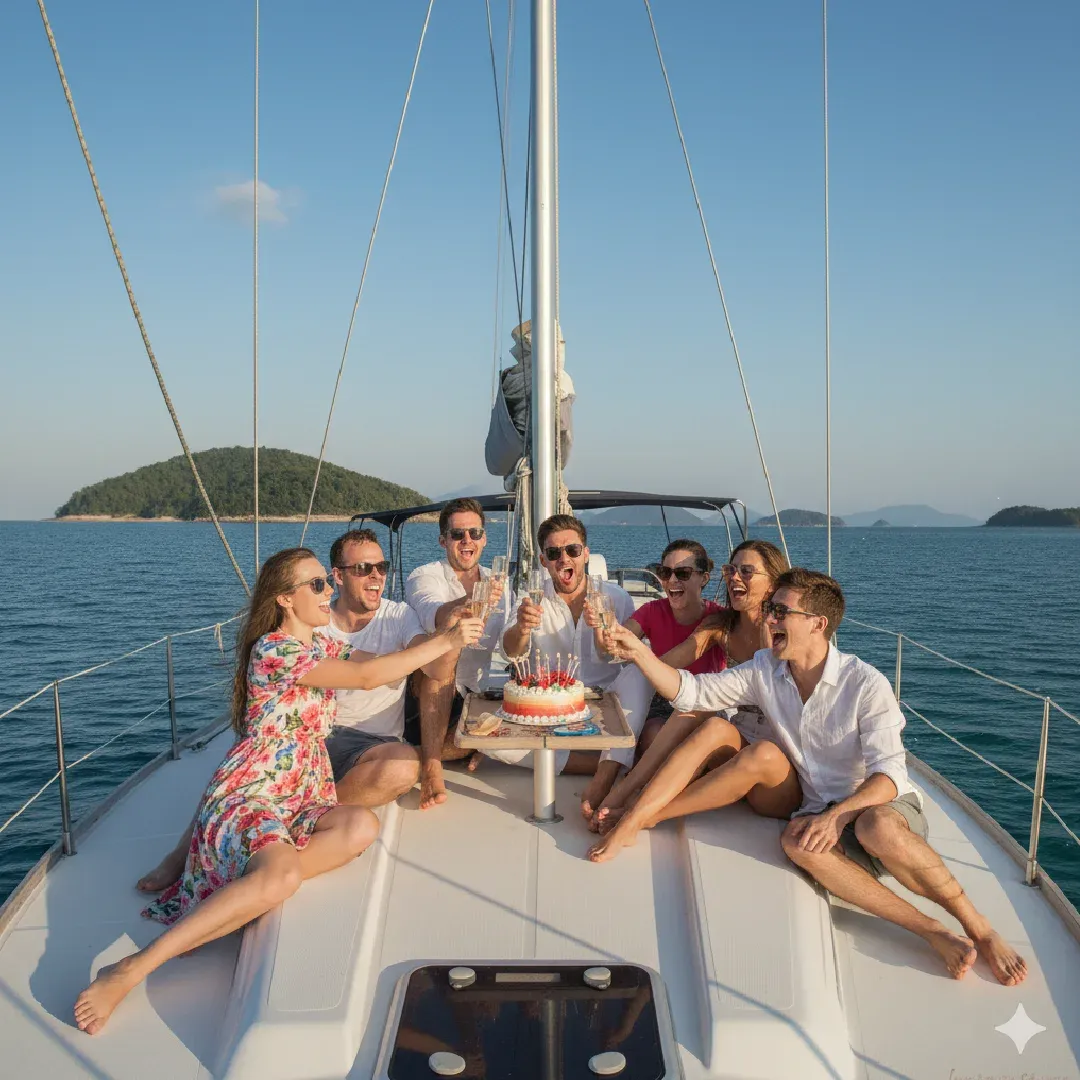 חגיגת יום הולדת עם עוגה ושמפניה על יאכטה בהרצליה