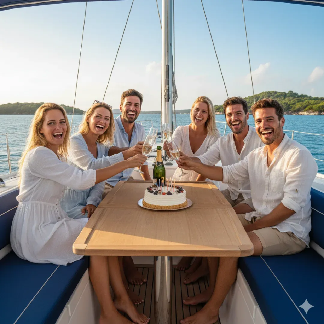קבוצת חברים מאושרים חוגגים יום הולדת ונהנים מבריזה על יאכטה בחיפה
