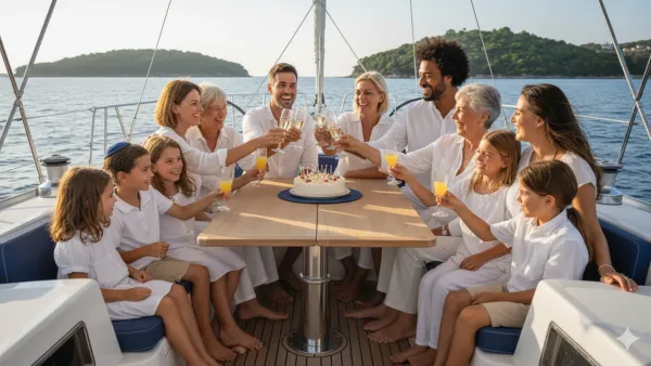 משפחה שמחה עם ילדים נהנים מהפלגה ביאכטה בים