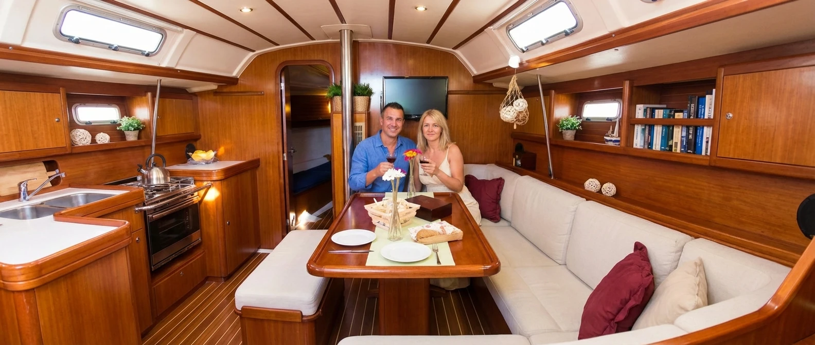 זוג נהנה מארוחה רומנטית ויין בתוך סיפון יאכטה בהרצליה