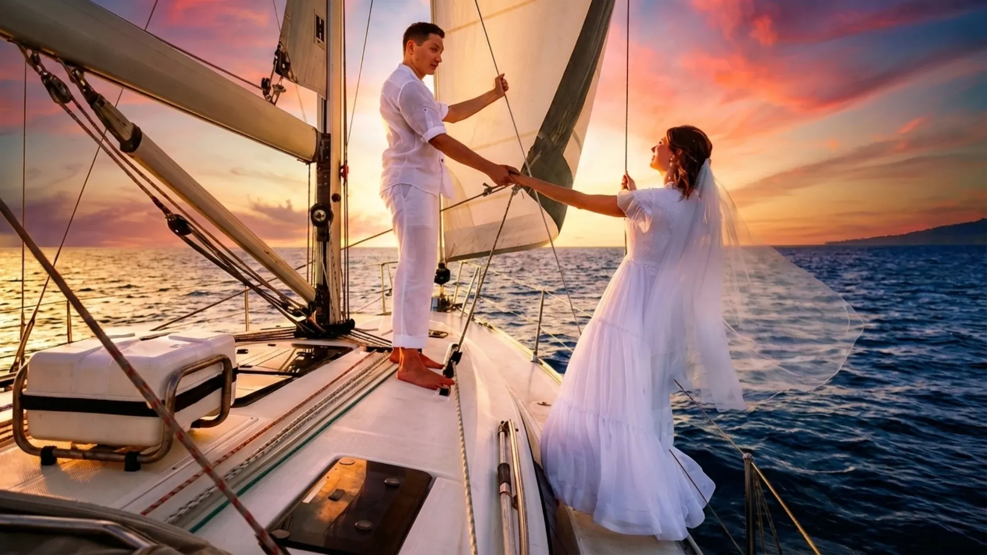 זוג בהפגנת אהבה על יאכטה בזמן שקיעה רומנטית בהרצליה